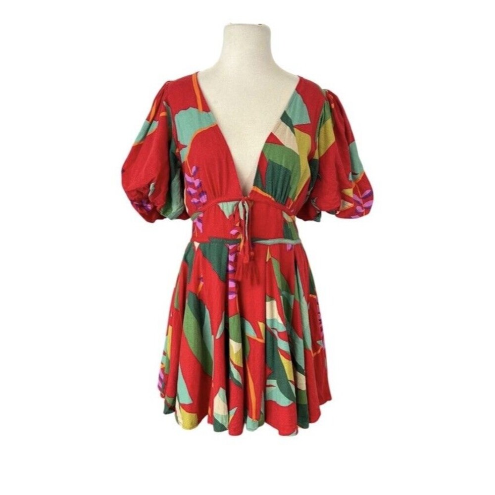 House Of Harlow 1960 Sz 4 Red Floral Fit & Flare Linen Rayon Puff Sleeve Dress